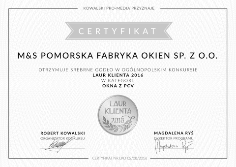 20160909 MS wiecej niz OKNA Laur-Klienta-Certyfikat-1